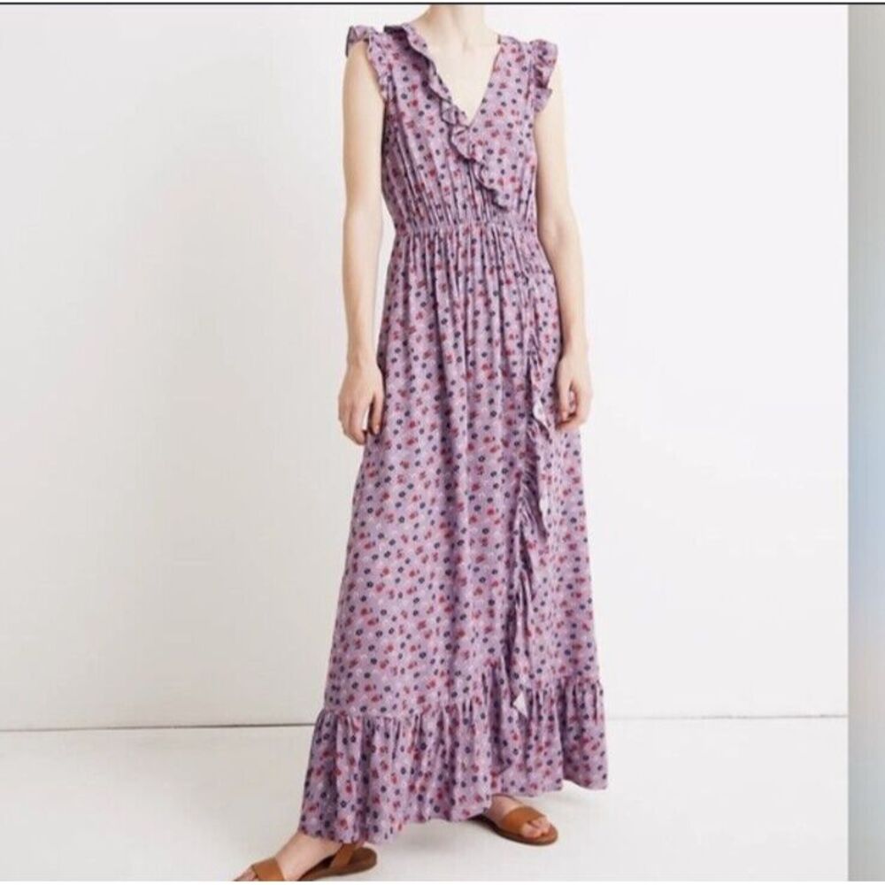 NWT‎ Madewell Womens Lavender Purple Ditsy Floral Ruffle V-Neck Maxi Dress Sz 0